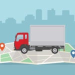A moving truck with a red cab sits atop a map with the silhouette of a city in the background.