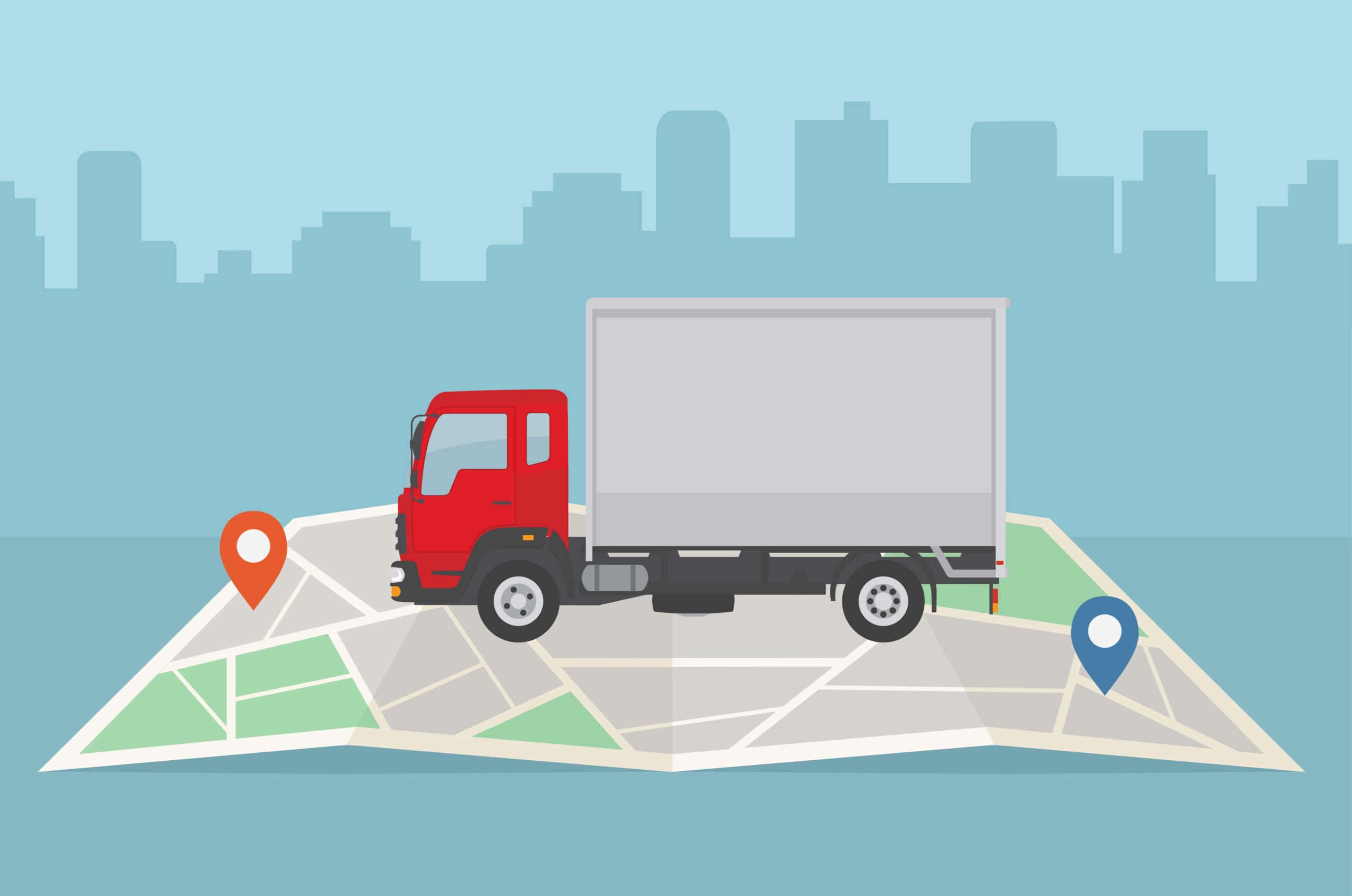 A moving truck with a red cab sits atop a map with the silhouette of a city in the background.