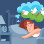 Woman counts sheep to sleep. Insomnia cartoon vector illustration. Girl counting sheep lie on pillow, insomnia and sleeplessness, sleeping and thinking