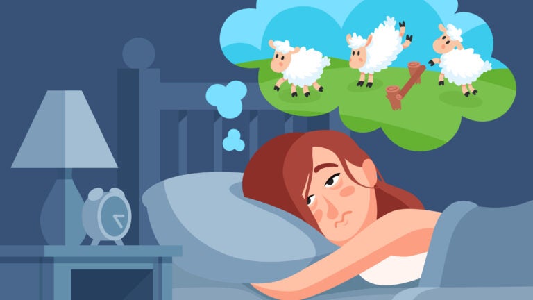 Woman counts sheep to sleep. Insomnia cartoon vector illustration. Girl counting sheep lie on pillow, insomnia and sleeplessness, sleeping and thinking