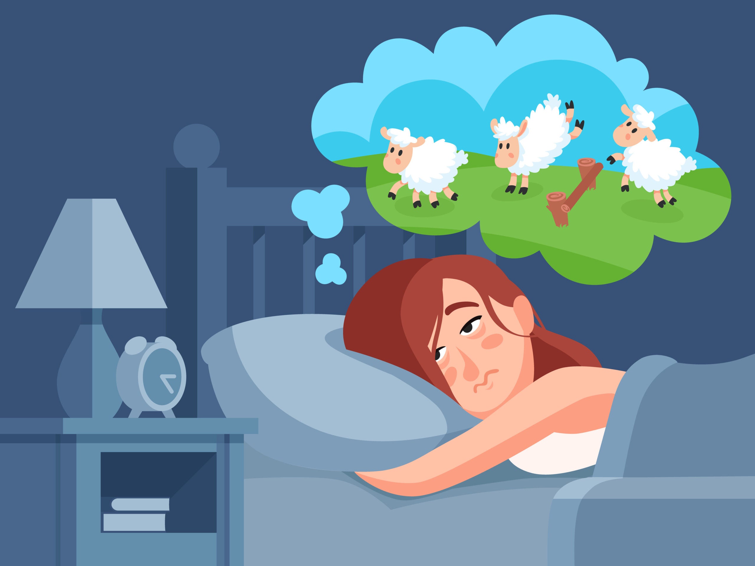 Woman counts sheep to sleep. Insomnia cartoon vector illustration. Girl counting sheep lie on pillow, insomnia and sleeplessness, sleeping and thinking