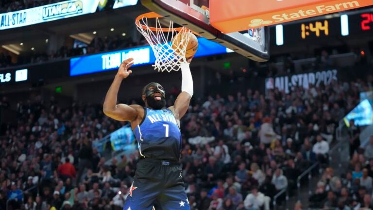 Team LeBron guard Jaylen Brown (7) shoots during the second half of the NBA basketball All-Star game Sunday, Feb. 19, 2023, in Salt Lake City.