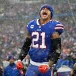 Buffalo Bills safety Jordan Poyer (21) reacts as he walks onto the field to play against the Cincinnati Bengals in an NFL division round football game, Sunday, Jan. 22, 2023, in Orchard Park, N.Y.