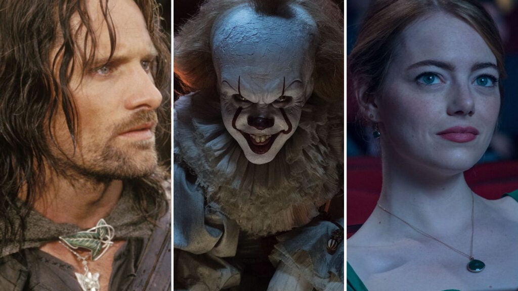 Best movies on Netflix (L to R): Viggo Mortensen in "The Lord of the Rings: The Two Towers;" Bill Skarsgard in "It;" and Emma Stone in "La La Land."
