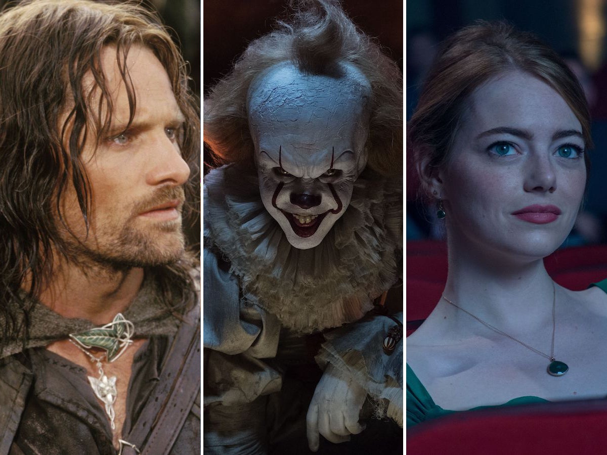 Best movies on Netflix (L to R): Viggo Mortensen in "The Lord of the Rings: The Two Towers;" Bill Skarsgard in "It;" and Emma Stone in "La La Land."
