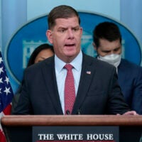FILE - Labor Secretary Marty Walsh speaks during a briefing at the White House in Washington, May 16, 2022. Walsh is among those on the shortlist to succeed White House chief of staff Ron Klain, who is preparing to leave his job in the coming weeks, according to a person familiar with Klain's plans. 
