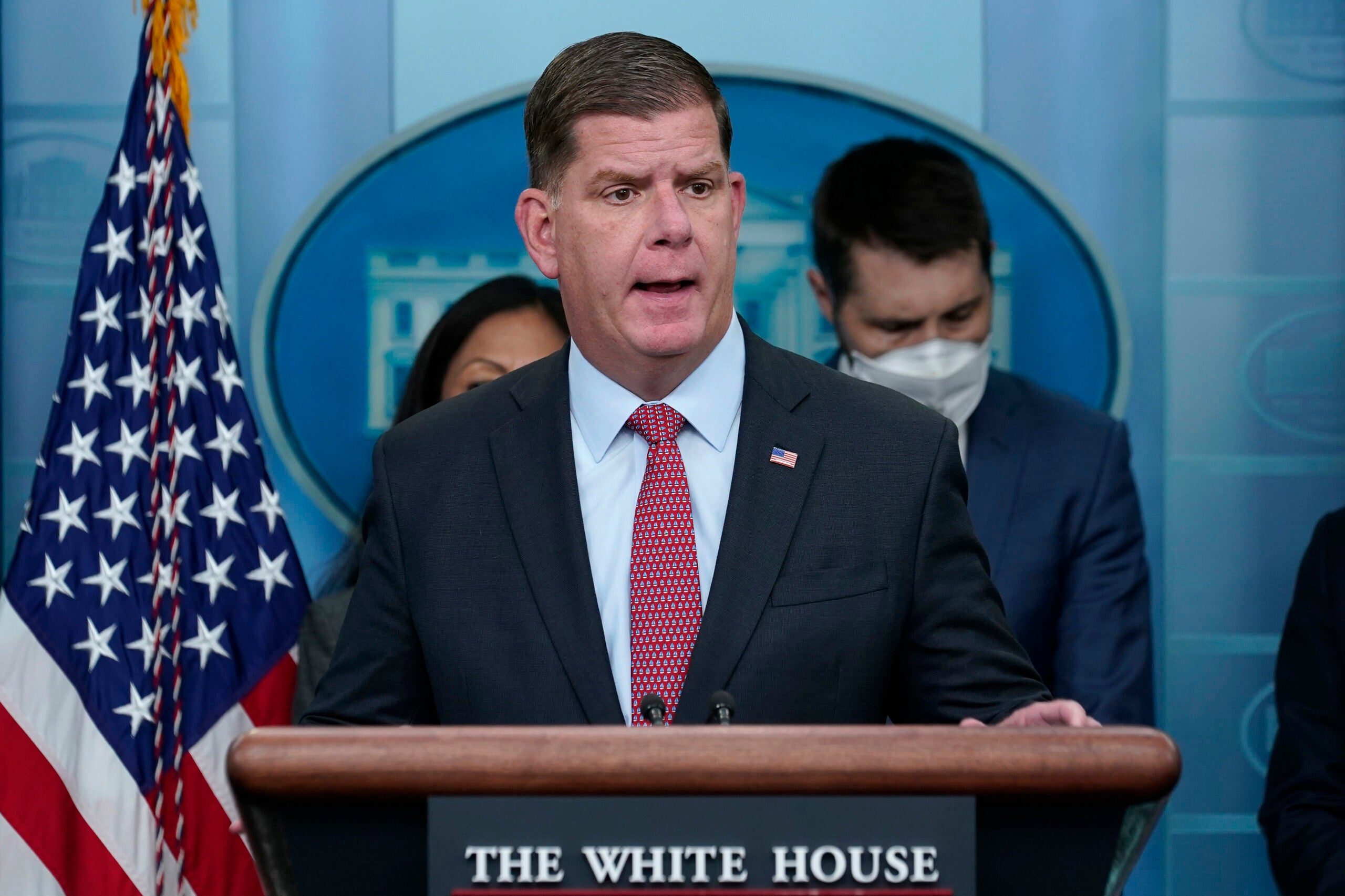FILE - Labor Secretary Marty Walsh speaks during a briefing at the White House in Washington, May 16, 2022. Walsh is among those on the shortlist to succeed White House chief of staff Ron Klain, who is preparing to leave his job in the coming weeks, according to a person familiar with Klain's plans. 