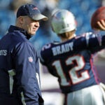 Patriots offensive coordinator Bill O'Brien may not be working with Patriots quarterback Tom Brady (right) for much longer, he is reportedly in line to become the new head coach at Penn State. They are shown on the field during pre game warmups. The New England Patriots hosted the Buffalo Bills in an NFL regular season game at Gillette Stadium.