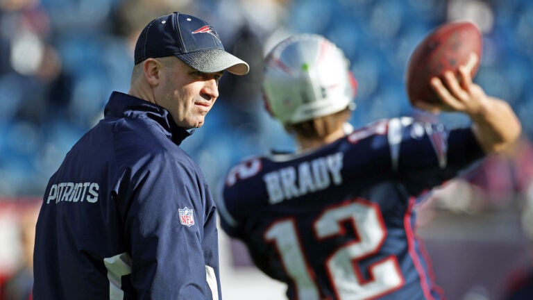 Patriots offensive coordinator Bill O'Brien may not be working with Patriots quarterback Tom Brady (right) for much longer, he is reportedly in line to become the new head coach at Penn State. They are shown on the field during pre game warmups. The New England Patriots hosted the Buffalo Bills in an NFL regular season game at Gillette Stadium.