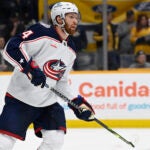 Columbus Blue Jackets defenseman Vladislav Gavrikov (4) plays against the Nashville Predators during the second period of an NHL hockey game Tuesday, Jan. 17, 2023, in Nashville, Tenn.