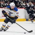 St. Louis Blues center Ivan Barbashev (49) in the second period of an NHL hockey game Saturday, Jan. 28, 2023, in Denver.