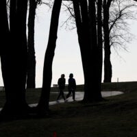 People walking among trees at Lynch Park in Beverly.
