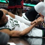 Bucks forward Giannis Antetokounmpo after injuring his wrist