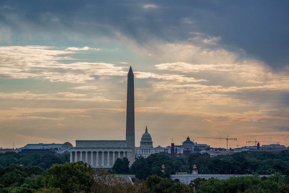 The Washington skyline is seen as Congress and the White House grapple with a stopgap bill to avert a government and a $3.5 trillion government overhaul that is key to President Joe Biden's domestic agenda, Wednesday, Sept. 29, 2021. (AP Photo/J. Scott Applewhite)