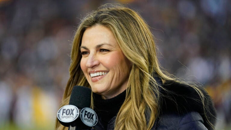 Fox Sports reporter Erin Andrews on the field during the first half an NFL football game between the Dallas Cowboys and Washington Commanders, Sunday, Jan. 8, 2023, in Landover, Md.