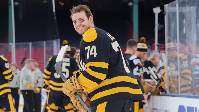 Boston Bruins Jake DeBrusk during practice before they play the Pittsburgh Penguins in tomorrow's Winter Classic at Fenway Park.