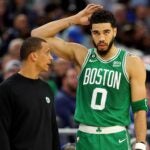 Celtics head coach Joe Mazzulla with Jayson Tatum.