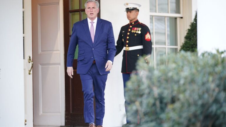 House Speaker Kevin McCarthy arrives to speak outside of the West Wing of the White House following a meeting with President Biden Feb. 1.