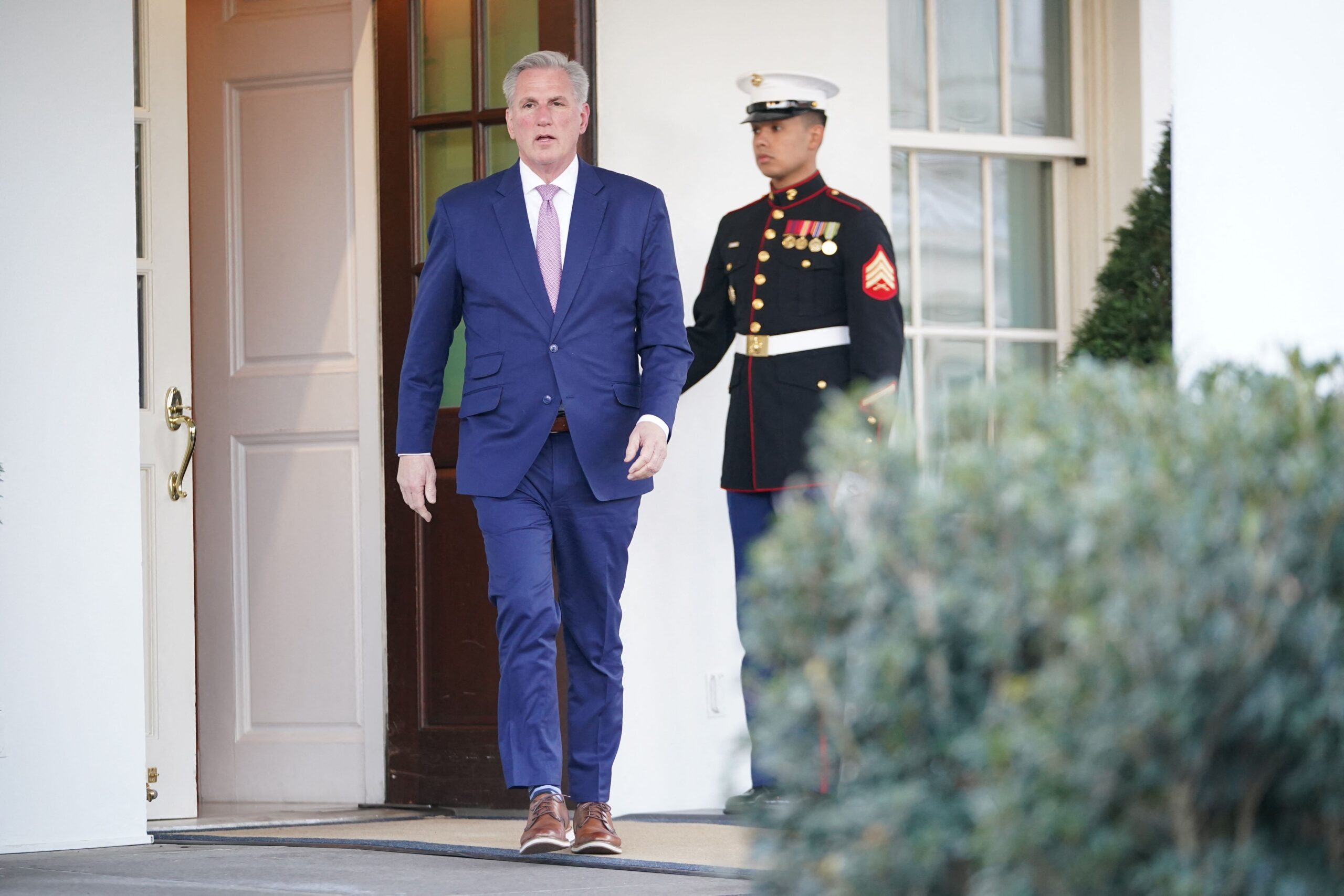 House Speaker Kevin McCarthy arrives to speak outside of the West Wing of the White House following a meeting with President Biden Feb. 1.