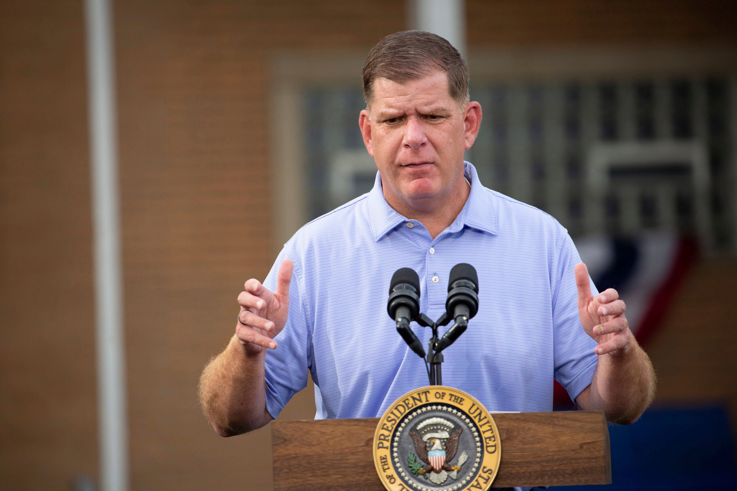 Secretary of Labor Marty Walsh speaks before President Joe Biden at a United Steel Workers of America Labor Day event in West Mifflin, Pennsylvania, Monday, Sept. 5, 2022.