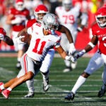 Jaxon Smith-Njigba playing for Ohio State, is projected to be drafted by the Patriots.