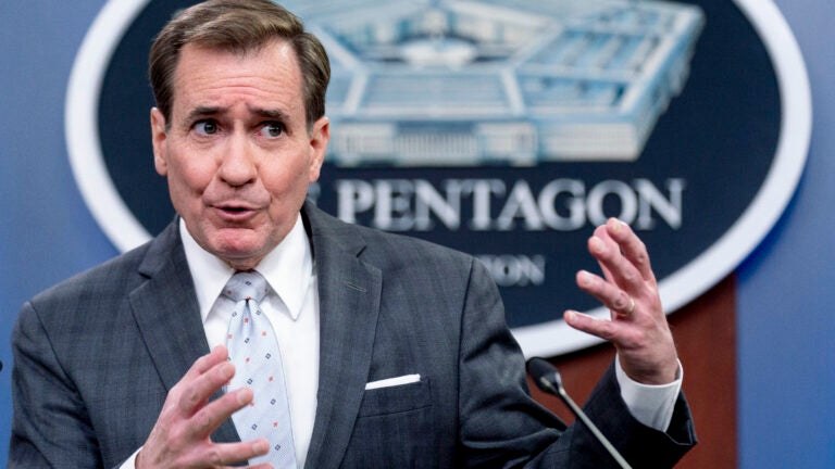 John Kirby speaks during a briefing at the Pentagon in Washington, D.C., Wednesday, Feb. 2, 2022.