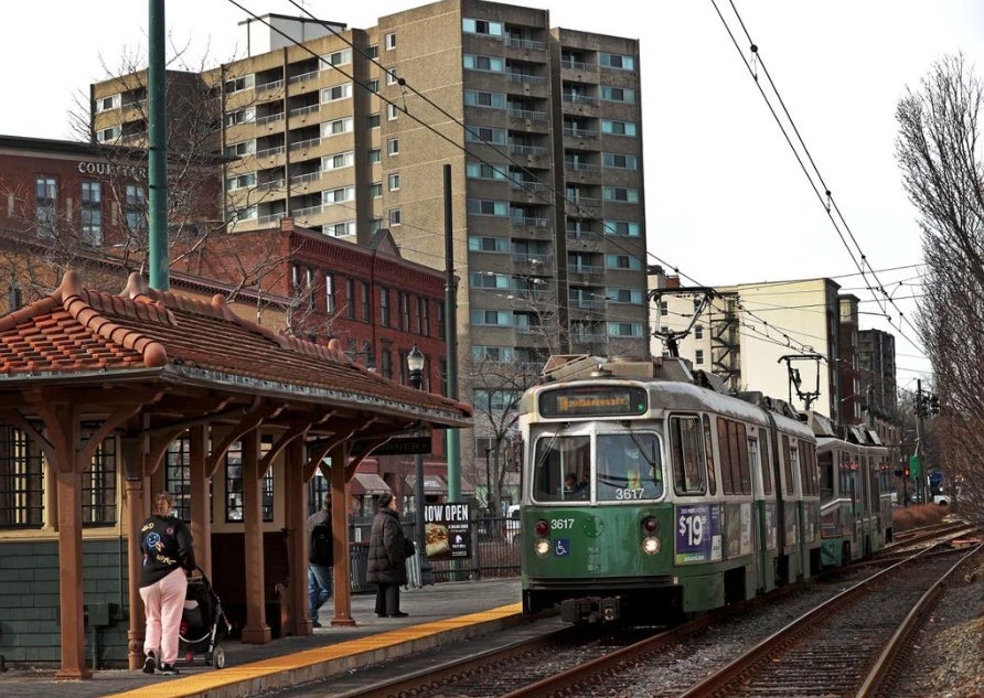 The Green Line pulled into Coolidge Corner in Brookline.