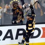 David Pastrnak celebrates his goal during the third period.