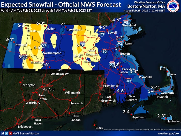 7 maps predicting how much it'll snow in Mass. on Tuesday