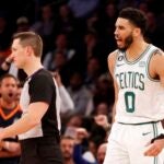 Jayson Tatum #0 of the Boston Celtics reacts toward referee JB DeRosa #22 after being ejected from the game during the second half against the New York Knicks at Madison Square Garden on February 27, 2023 in New York City. The Knicks won 109-94.
