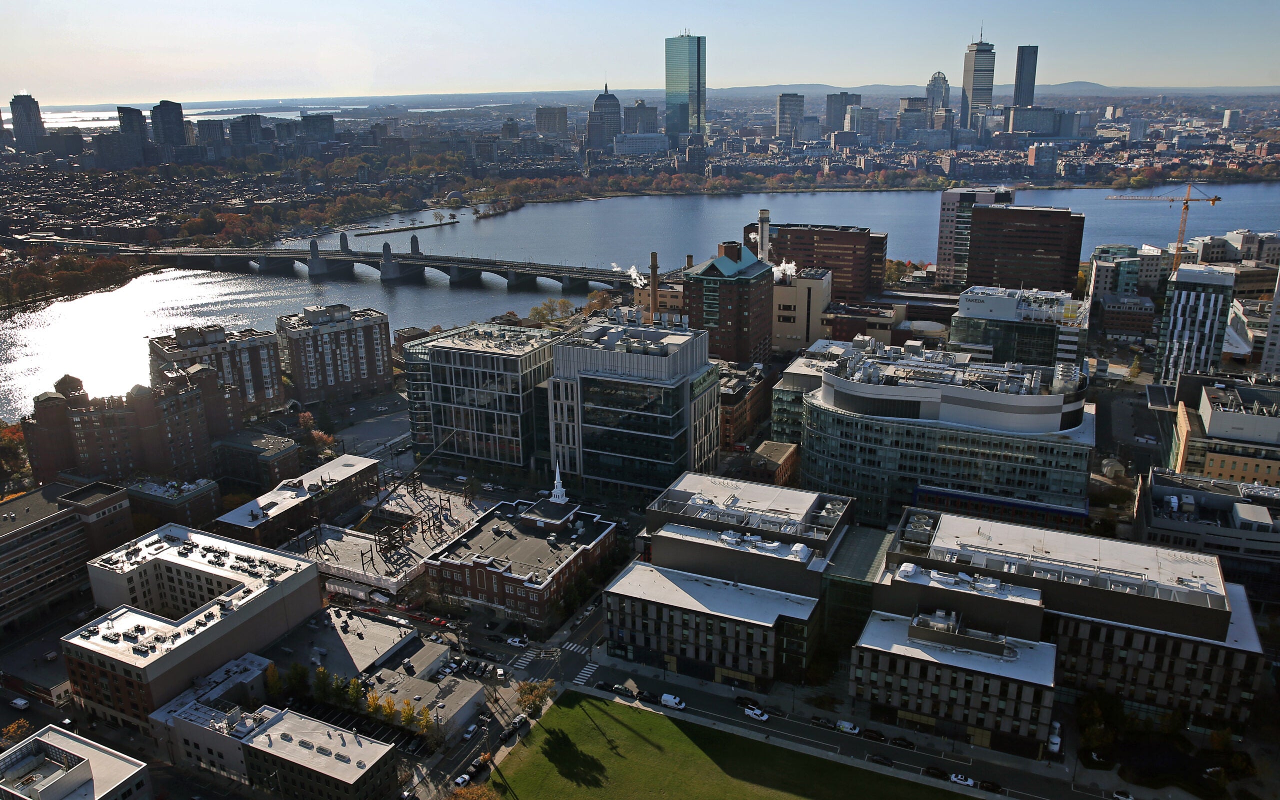 An aerial view of Cambridge looking toward Kendall Square and the Boston skyline in November 2019.