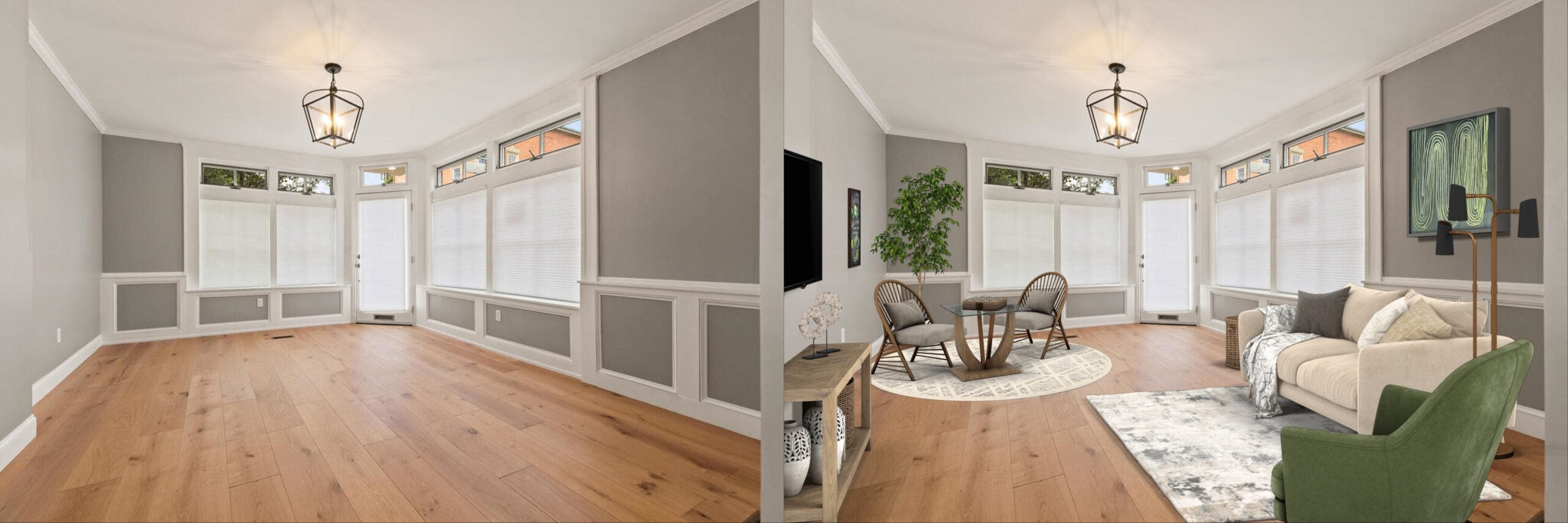 A before-and-after merged photo of a vacant room staged to be a living room.