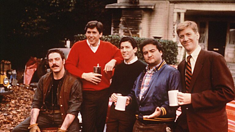 L to R: Bruce McGill as Daniel Simpson 'D-Day' Day, Tim Matheson as Eric 'Otter' Stratton, Peter Riegert as Donald 'Boon' Schoenstein, John Belushi as John 'Bluto' Blutarsky, James Widdoes as Robert Hoover in "National Lampoon's Animal House," now streaming on Netflix.