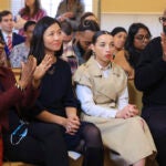 Dorothea Jones, Mayor Michelle Wu, Na’tisha Mills, and George Chip Greenidge Jr., during a ceremony introducing the Reparations Task Force in the Museum of African American History.