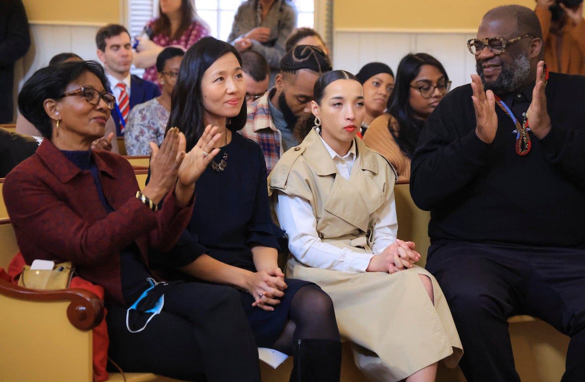 Dorothea Jones, Mayor Michelle Wu, Na’tisha Mills, and George Chip Greenidge Jr., during a ceremony introducing the Reparations Task Force in the Museum of African American History.