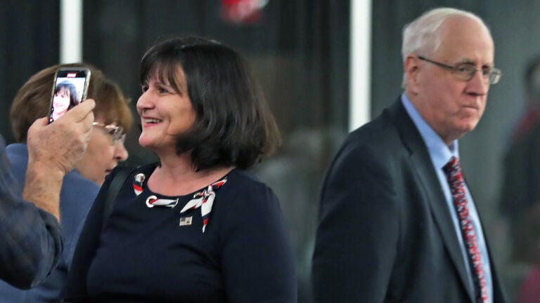 Massachusetts Republican Party Chair Amy Carnevale, left, and former Chair Jim Lyons, as seen last month.