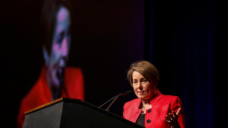 Gov. Maura Healey speaks to attendees at the 53rd MLK Memorial Breakfast at the Boston Convention and Exhibition Center on Jan. 16, 2023.