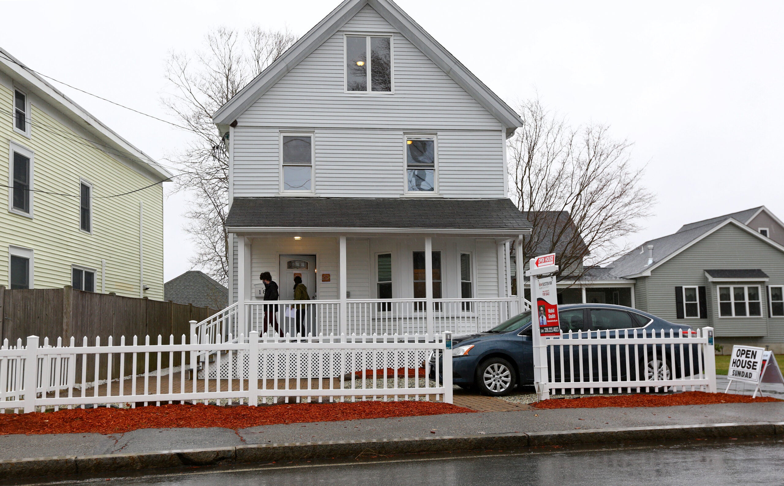 Two people left an open house at 18 Wyman St. in Woburn on March 28, 2021.