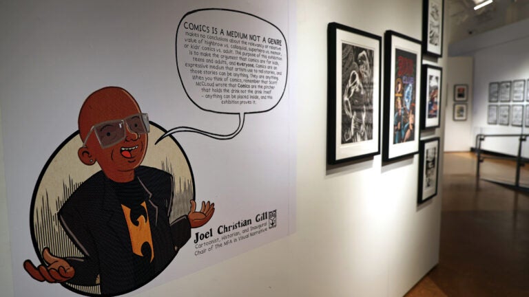 Caricature of Joel Christian Gill painted on the wall at the Boston University exhibit "Comics Are a Medium, Not a Genre"