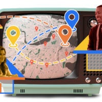 An illustration of an old-fashioned TV imposed over a map of Boston with characters from Abbott Elementary and White Lotus.