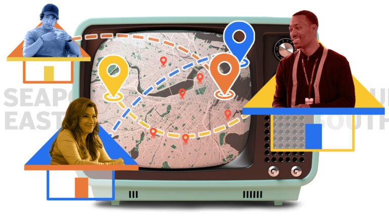 An illustration of an old-fashioned TV imposed over a map of Boston with characters from Abbott Elementary and White Lotus.