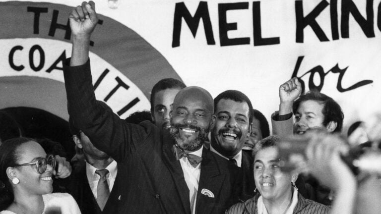 Melvin "Mel" H. King celebrates at the Parker House in Boston on Oct. 11, 1983, after finding out he made it into the final round of elections for Boston mayor.