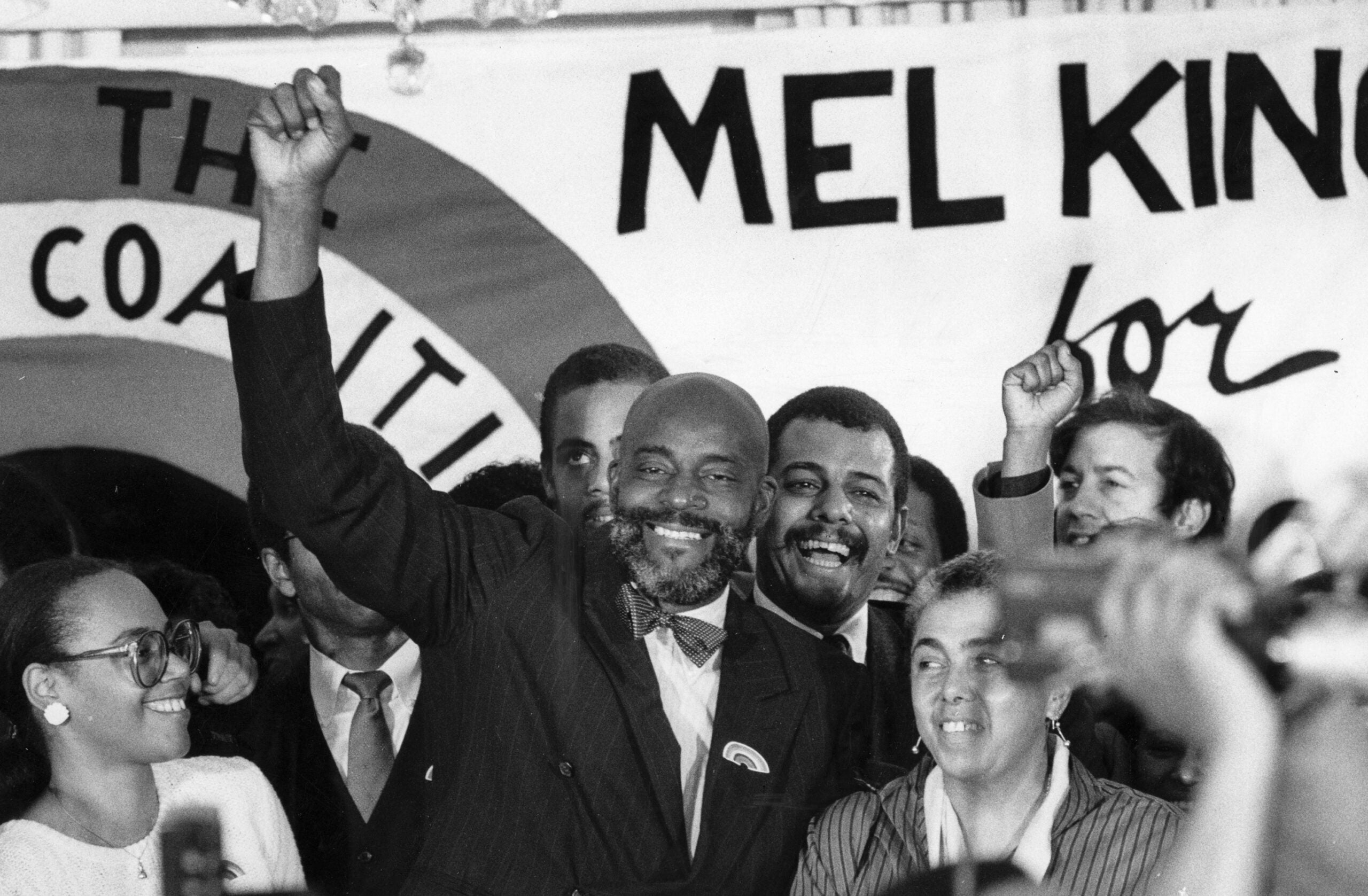 Melvin "Mel" H. King celebrates at the Parker House in Boston on Oct. 11, 1983, after finding out he made it into the final round of elections for Boston mayor.