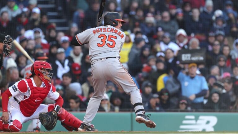 Jorge Mateo of the Baltimore Orioles bats against the Boston Red Sox