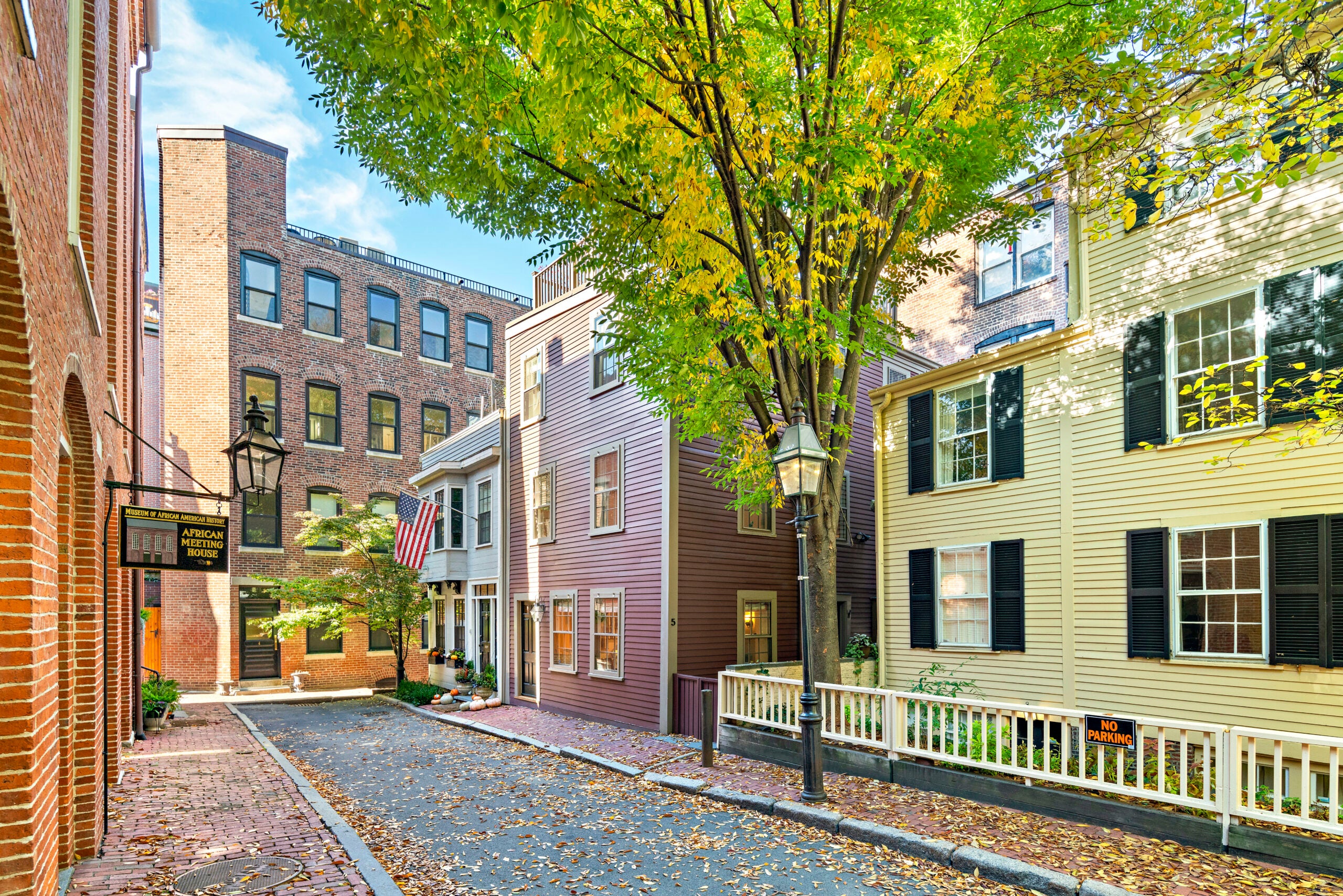 A view of historic homes along a cobblestone street with gas lamps. A big tree starting to turn color for fall stands on the sidewalk in front of a yellow Colonial with black shutters. A pink multi-story house stands next to that.