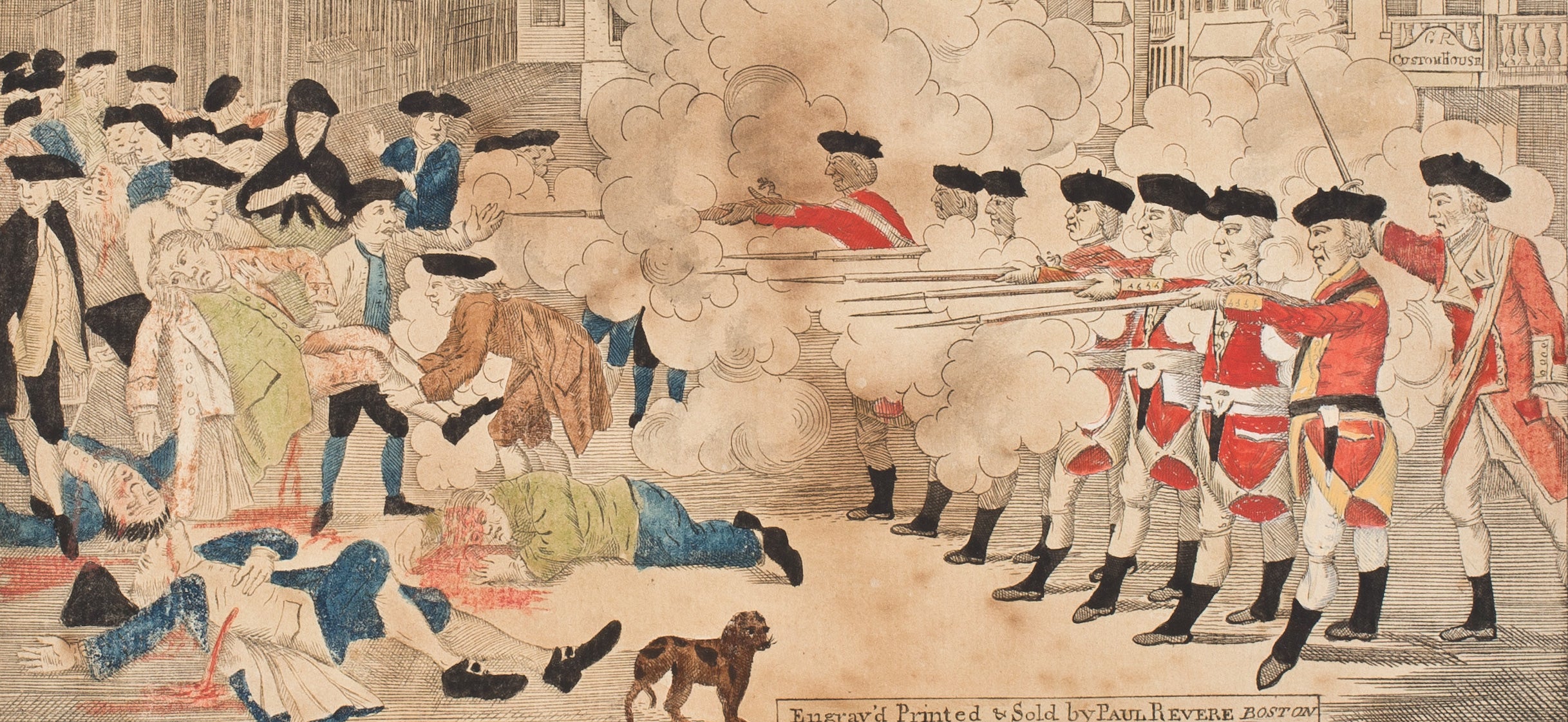 A graphic depiction of the death of Crispus Attucks in the Boston Massacre, done in an engraving by Paul Revere
