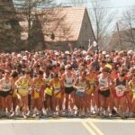 Runners line up in Hopkinton for the start of the 100th Boston Marathon in 1996.