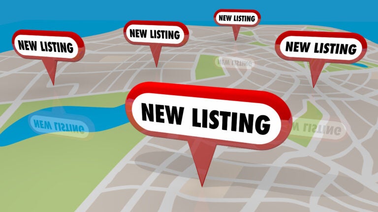 A map with pins stuck in it that say "new listing" to reflect the number of new listings hitting the housing market.