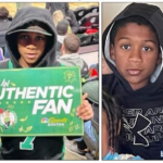 12-year-old Antony Fonseca of Dorchester wears a black sweatshirt. He is holding up a Boston Celtics sign in the image on the left and is looking at the camera in the picture on the right