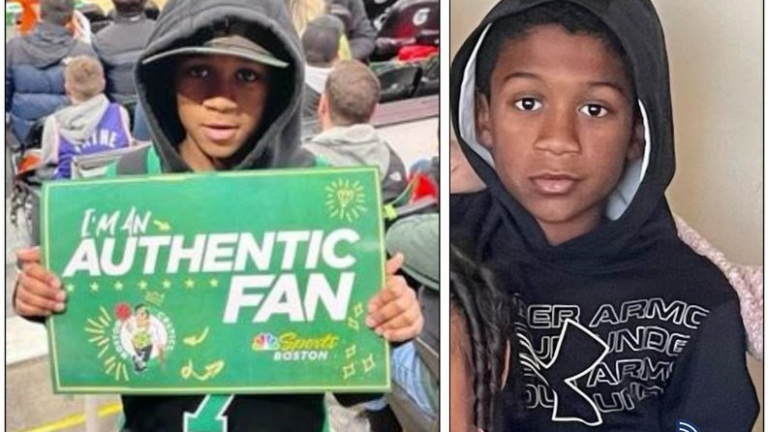 12-year-old Antony Fonseca of Dorchester wears a black sweatshirt. He is holding up a Boston Celtics sign in the image on the left and is looking at the camera in the picture on the right
